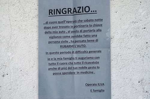 Ilva, furto d’auto nella notte: la denuncia dell’operaio diventa social Ilva, furto d’auto nella notte: la denuncia dell’operaio diventa social
