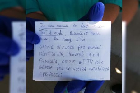 bigliettino di ringraziamento di un paziente guarito dal coronavirus